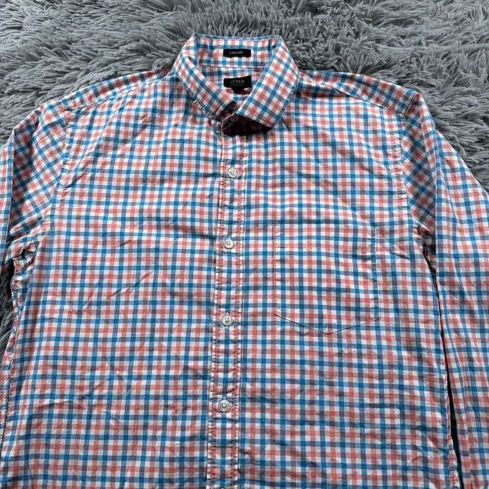 J Crew Shirt Medium Red Blue Button Up Ludlow Gingham Check Preppy Office Mens